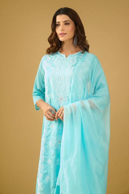 Naintara Bajaj_Aqua Chanderi Silk, Shantoon, Kota Doria Embroidery, Chikankari Kurta Set _at_Aza_Fashions