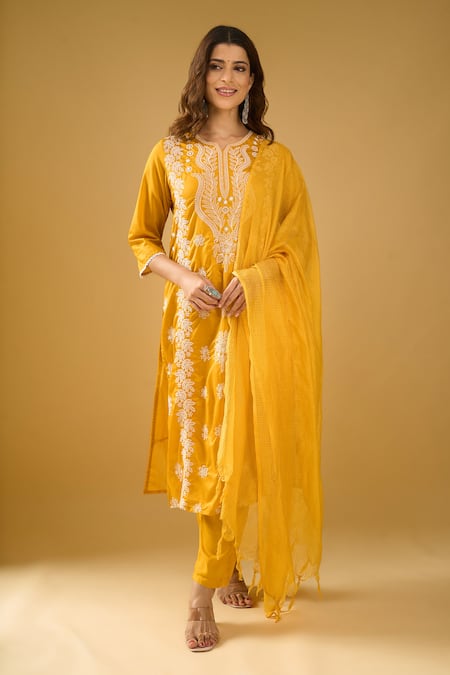 Naintara Bajaj Mustard Chanderi Silk, Shantoon, Kota Doria Floral Chikankari Kurta Set 