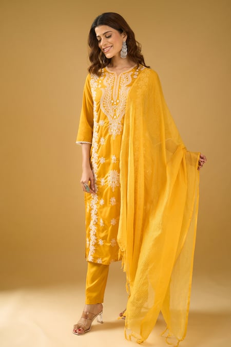 Shop_Naintara Bajaj_Mustard Chanderi Silk, Shantoon, Kota Doria Floral Chikankari Kurta Set _Online_at_Aza_Fashions