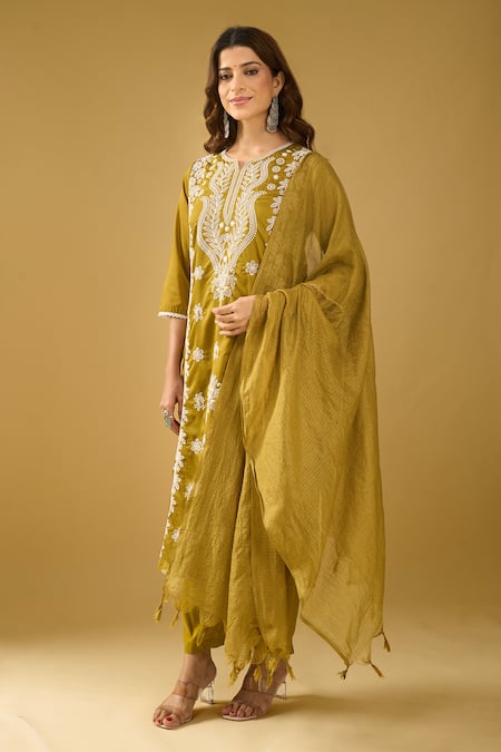 Naintara Bajaj Olive Green Chanderi Silk, Shantoon, Kota Doria Chikankari Kurta Pant Set 