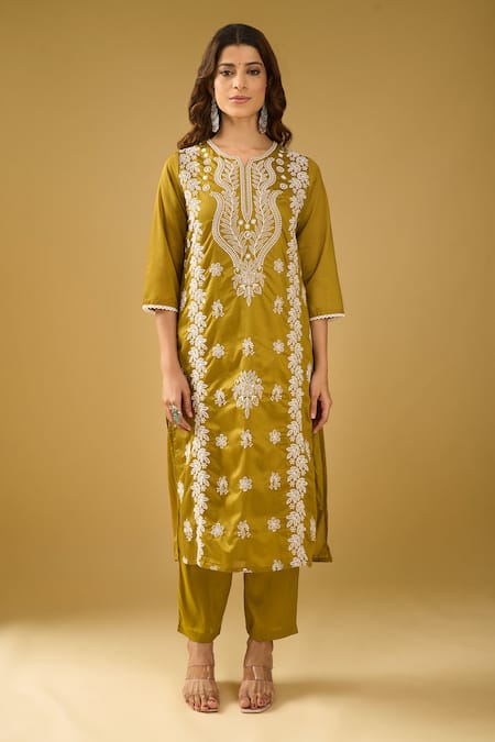 Shop_Naintara Bajaj_Olive Green Chanderi Silk, Shantoon, Kota Doria Chikankari Kurta Pant Set _Online_at_Aza_Fashions