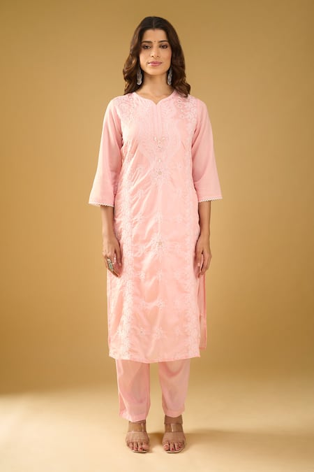 Naintara Bajaj_Peach Chanderi Silk, Shantoon, Kota Doria Chikankari Pastel Kurta Set _Online_at_Aza_Fashions