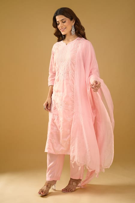Shop_Naintara Bajaj_Peach Chanderi Silk, Shantoon, Kota Doria Chikankari Pastel Kurta Set _Online_at_Aza_Fashions