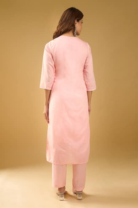 Shop_Naintara Bajaj_Peach Chanderi Silk, Shantoon, Kota Doria Chikankari Pastel Kurta Set _at_Aza_Fashions