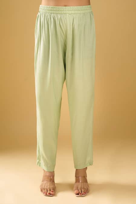 Shop_Naintara Bajaj_Green Chanderi Silk, Shantoon, Kota Doria Chikankari Pastel Kurta Pant Set _Online_at_Aza_Fashions