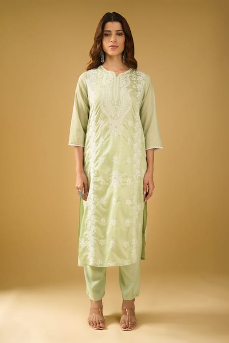 Naintara Bajaj_Green Chanderi Silk, Shantoon, Kota Doria Chikankari Pastel Kurta Pant Set _at_Aza_Fashions