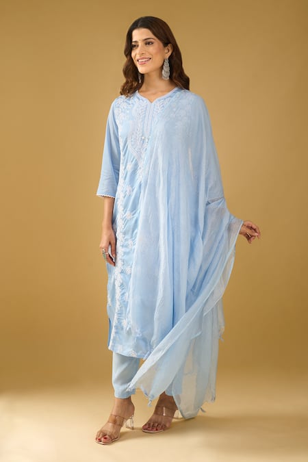 Naintara Bajaj_Blue Chanderi Silk, Shantoon, Kota Doria Embroidery, Chikankari Kurta Set _Online_at_Aza_Fashions