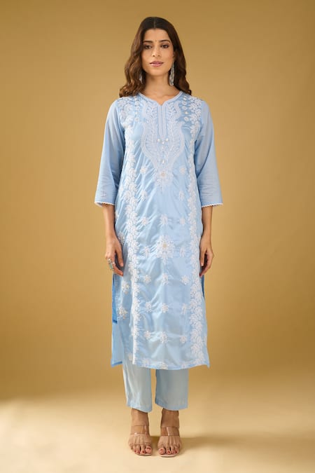 Buy_Naintara Bajaj_Blue Chanderi Silk, Shantoon, Kota Doria Embroidery, Chikankari Kurta Set _Online_at_Aza_Fashions