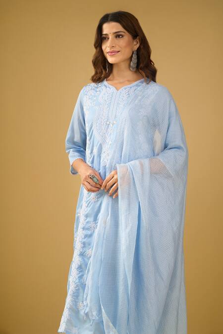 Shop_Naintara Bajaj_Blue Chanderi Silk, Shantoon, Kota Doria Embroidery, Chikankari Kurta Set _Online_at_Aza_Fashions
