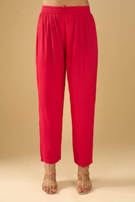 Buy_Naintara Bajaj_Red Chanderi Silk, Shantoon, Kota Doria Embroidery, Chikankari Floral Kurta Set _Online_at_Aza_Fashions