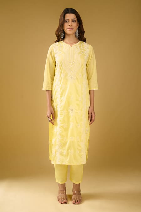 Buy_Naintara Bajaj_Yellow Chanderi Silk, Shantoon, Kota Doria Chikankari Floral Kurta Pant Set _Online_at_Aza_Fashions