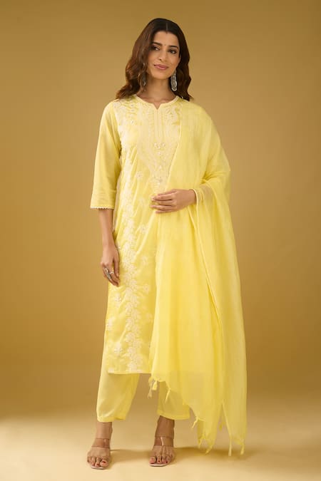 Shop_Naintara Bajaj_Yellow Chanderi Silk, Shantoon, Kota Doria Chikankari Floral Kurta Pant Set _Online_at_Aza_Fashions