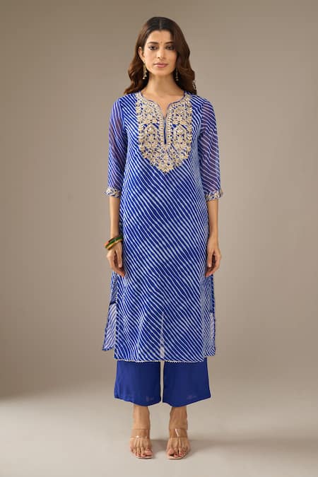 Buy_Samyukta Singhania_Blue Georgette, Shantoon, Chiffon Embroidery, Sequins Leheriya Kurta Set _Online_at_Aza_Fashions