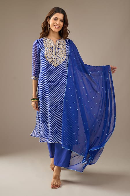 Shop_Samyukta Singhania_Blue Georgette, Shantoon, Chiffon Embroidery, Sequins Leheriya Kurta Set _Online_at_Aza_Fashions