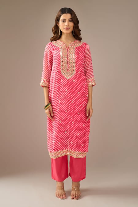 Buy_Samyukta Singhania_Coral Georgette, Shantoon, Chiffon Embroidery, Sequins, Leheriya And Kurta Set _Online_at_Aza_Fashions