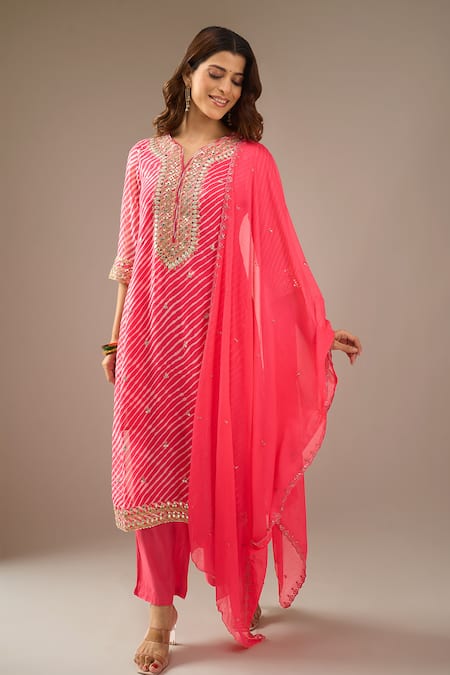 Shop_Samyukta Singhania_Coral Georgette, Shantoon, Chiffon Embroidery, Sequins, Leheriya And Kurta Set _Online_at_Aza_Fashions