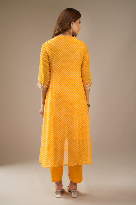 Shop_Samyukta Singhania_Mustard Georgette, Shantoon, Chiffon Embroidery, Leheriya Pattern Kurta Set _at_Aza_Fashions