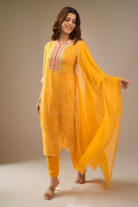 Shop_Samyukta Singhania_Mustard Georgette, Shantoon, Chiffon Embroidery, Leheriya Pattern Kurta Set _Online_at_Aza_Fashions