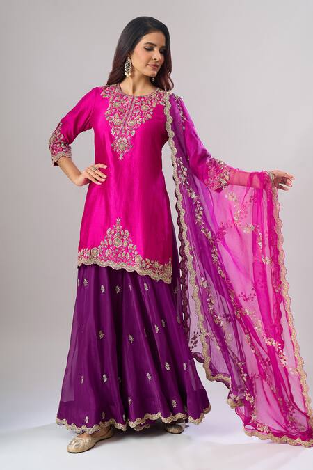 Shop_Surbhi Shah_Pink Organza Embroidery, Zari Round Neck Kurta Sharara Set _Online_at_Aza_Fashions