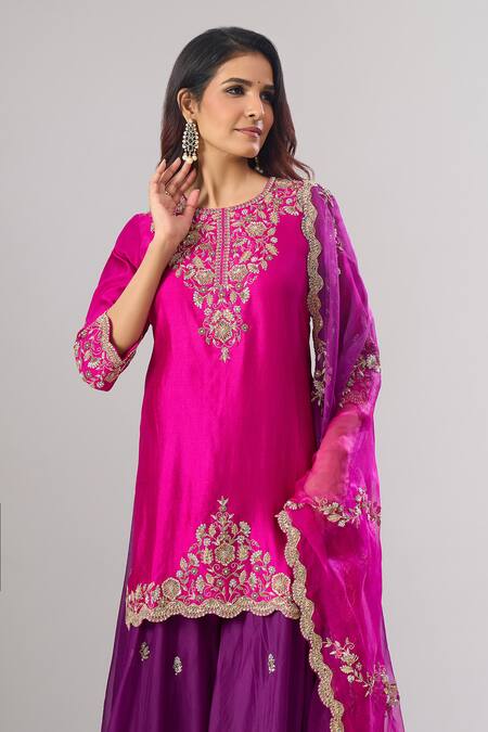 Buy_Surbhi Shah_Pink Organza Embroidery, Zari Round Neck Kurta Sharara Set 
