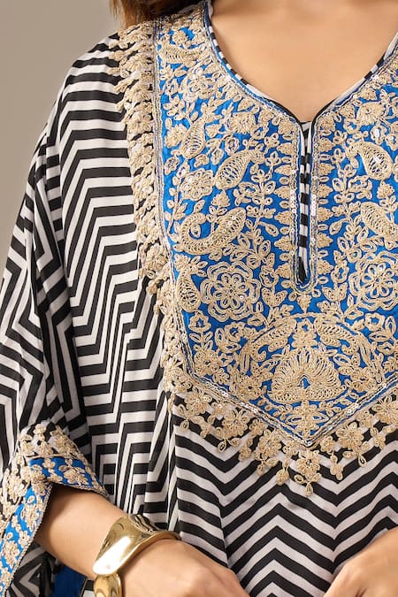 Samyukta Singhania_Multi Color Dupion, Silk, Shantoon Embroidery, Chevron Pattern Kaftan With Pant _Online_at_Aza_Fashions