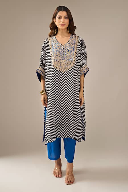 Buy_Samyukta Singhania_Multi Color Dupion, Silk, Shantoon Embroidery, Chevron Pattern Kaftan With Pant _Online_at_Aza_Fashions
