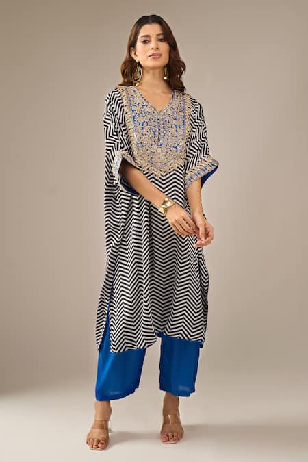 Samyukta Singhania_Multi Color Dupion, Silk, Shantoon Embroidery, Chevron Pattern Kaftan With Pant _at_Aza_Fashions