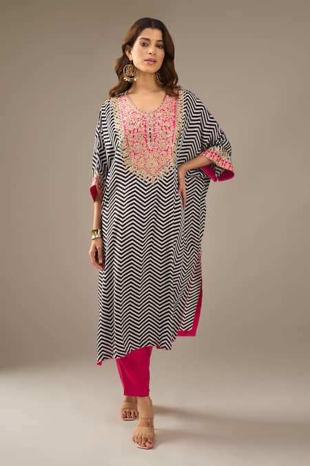 Buy_Samyukta Singhania_Black Dupion, Silk, Shantoon Embroidery, Sequins Chevron Print Kaftan And Pant Set _Online_at_Aza_Fashions