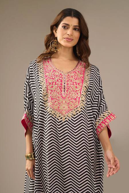Shop_Samyukta Singhania_Black Dupion, Silk, Shantoon Embroidery, Sequins Chevron Print Kaftan And Pant Set _Online_at_Aza_Fashions