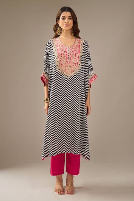 Samyukta Singhania_Black Dupion, Silk, Shantoon Embroidery, Sequins Chevron Print Kaftan And Pant Set _at_Aza_Fashions