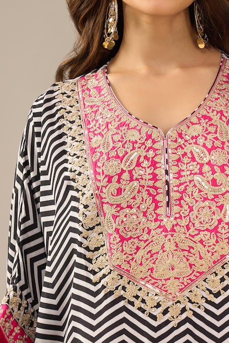 Buy_Samyukta Singhania_Black Dupion, Silk, Shantoon Embroidery, Sequins Chevron Print Kaftan And Pant Set 