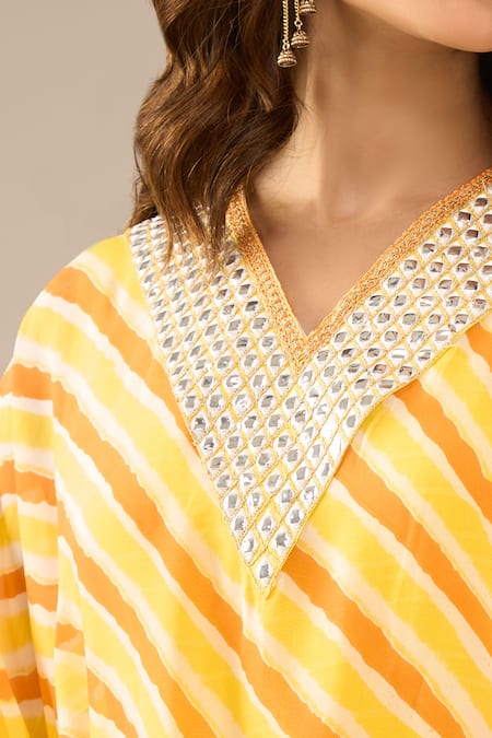 Buy_Samyukta Singhania_Yellow Organza, Shantoon Mirrors, Zari V-neck Leheriya Pattern Kaftan And Pant Set _Online_at_Aza_Fashions