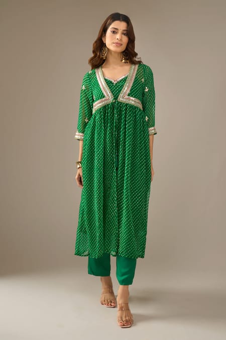 Buy_Samyukta Singhania_Green Georgette, Shantoon Gota Patti, Zari, Mothra Embroidered Shrug And Kurta Set _Online_at_Aza_Fashions