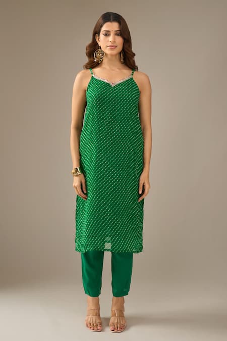 Shop_Samyukta Singhania_Green Georgette, Shantoon Gota Patti, Zari, Mothra Embroidered Shrug And Kurta Set _Online_at_Aza_Fashions