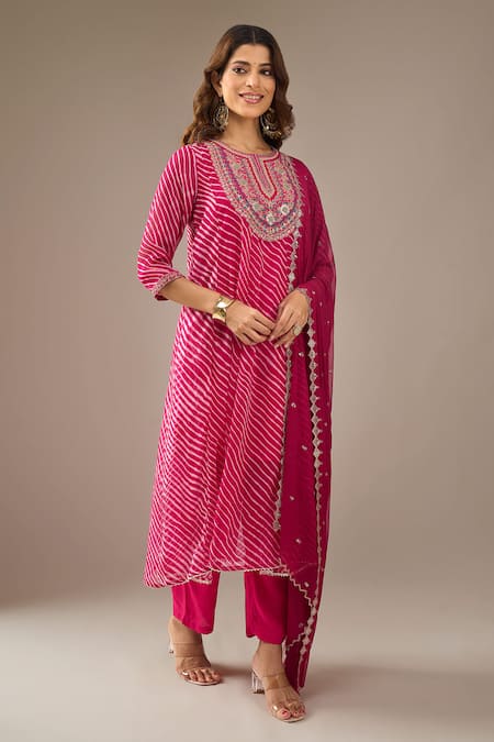 Shop_Samyukta Singhania_Fuchsia Georgette, Shantoon, Chiffon Embroidery, Zari, Leheriya Kurta Set _at_Aza_Fashions
