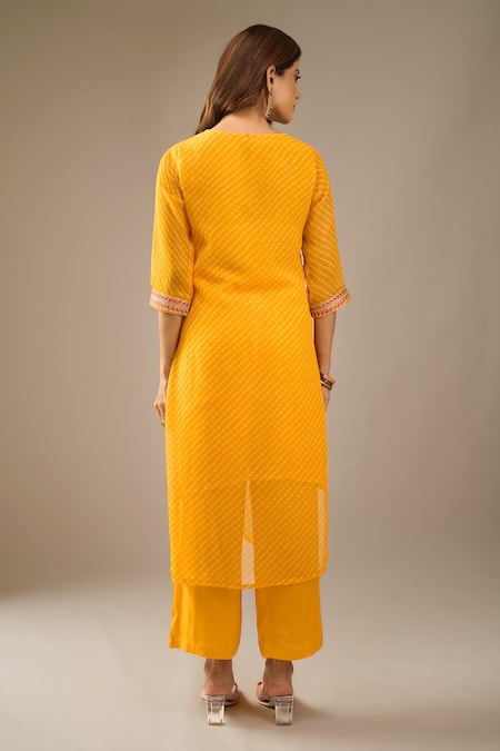 Shop_Samyukta Singhania_Mustard Georgette, Shantoon, Chiffon Embroidery, Zari, Mothra Tie-dye Kurta Set _at_Aza_Fashions