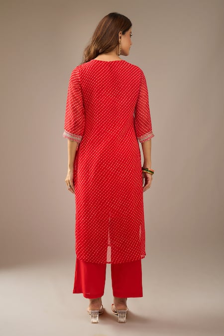 Shop_Samyukta Singhania_Red Georgette, Shantoon, Chiffon Embroidery, Gota Mothra Tie Dye Kurta Set _at_Aza_Fashions