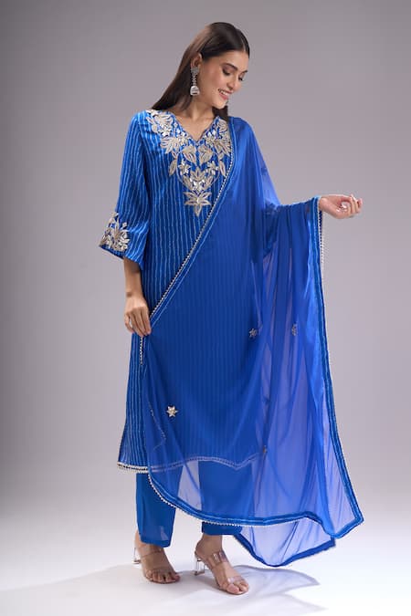 Samyukta Singhania_Blue Chinon, Silk, Shantoon, Chiffon Embroidery, Gota Bandhani Print Kurta Set _at_Aza_Fashions