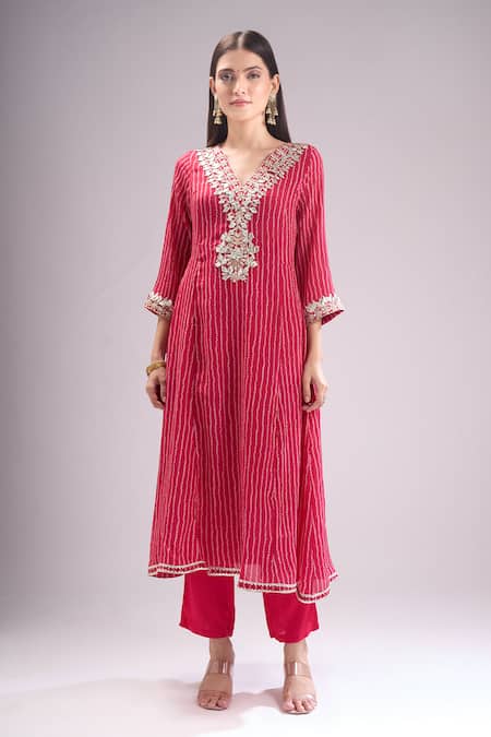Buy_Samyukta Singhania_Pink Chinon, Silk, Shantoon, Chiffon Embroidery, Gota Bandhani Print Kurta Set _Online_at_Aza_Fashions