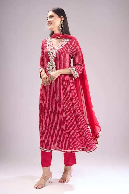 Shop_Samyukta Singhania_Pink Chinon, Silk, Shantoon, Chiffon Embroidery, Gota Bandhani Print Kurta Set _Online_at_Aza_Fashions