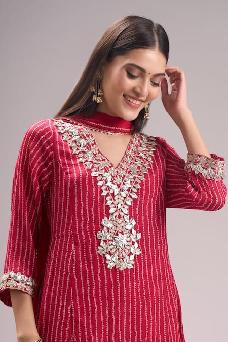 Samyukta Singhania_Pink Chinon, Silk, Shantoon, Chiffon Embroidery, Gota Bandhani Print Kurta Set _at_Aza_Fashions