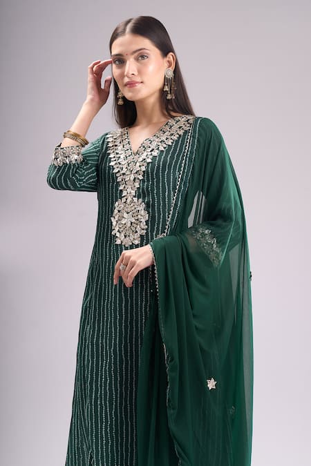 Shop_Samyukta Singhania_Green Chinon, Silk, Shantoon, Chiffon Embroidery, Gota Patti Printed Kurta Set _Online_at_Aza_Fashions