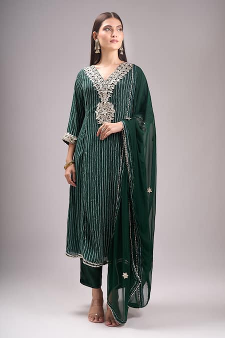 Samyukta Singhania_Green Chinon, Silk, Shantoon, Chiffon Embroidery, Gota Patti Printed Kurta Set _at_Aza_Fashions