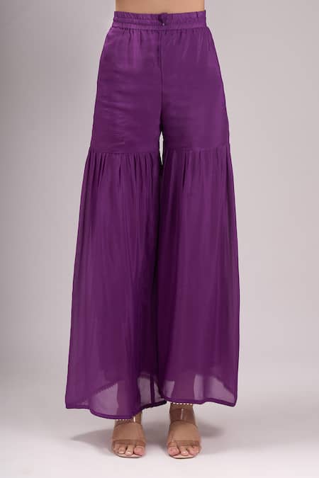 Samyukta Singhania_Purple Chinon, Silk, Chiffon Embroidery, Gota Bandhani Print Kurta Sharara Set _Online_at_Aza_Fashions