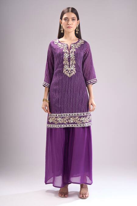 Buy_Samyukta Singhania_Purple Chinon, Silk, Chiffon Embroidery, Gota Bandhani Print Kurta Sharara Set _Online_at_Aza_Fashions