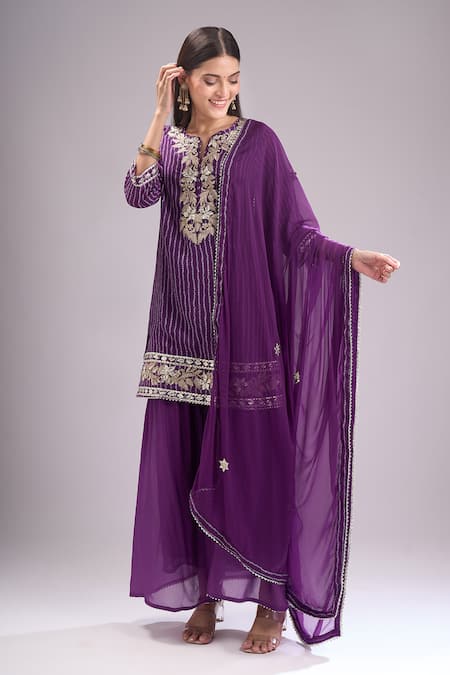 Shop_Samyukta Singhania_Purple Chinon, Silk, Chiffon Embroidery, Gota Bandhani Print Kurta Sharara Set _Online_at_Aza_Fashions