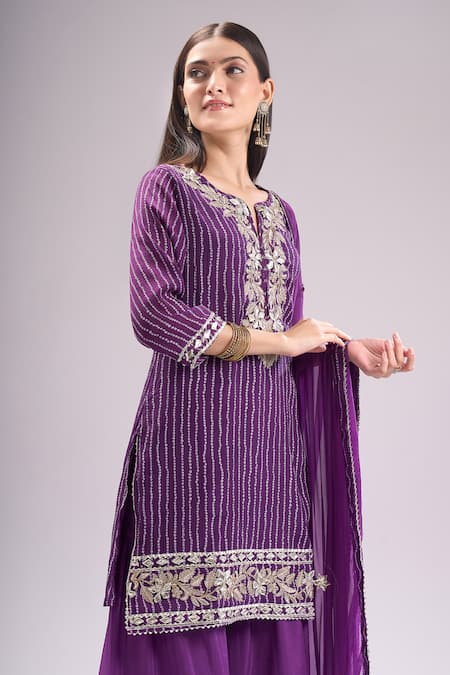 Samyukta Singhania_Purple Chinon, Silk, Chiffon Embroidery, Gota Bandhani Print Kurta Sharara Set _at_Aza_Fashions