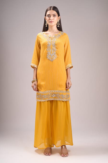 Buy Samyukta Singhania Yellow Chinon, Silk, Chiffon Embroidery, Gota Patti, Printed Kurta Sharara Set Online at Aza Fashions Buy_Samyukta Singhania_Yellow Chinon, Silk, Chiffon Embroidery, Gota Patti, Printed Kurta Sharara Set _Online_at_Aza_Fashions