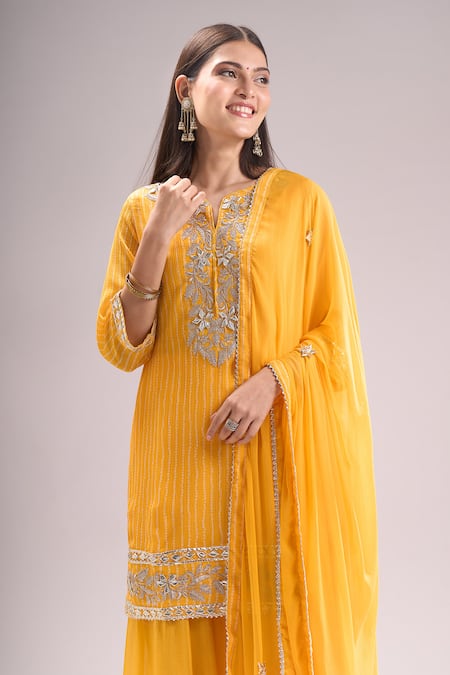 Samyukta Singhania Yellow Chinon, Silk, Chiffon Embroidery, Gota Patti, Printed Kurta Sharara Set at Aza Fashions Samyukta Singhania_Yellow Chinon, Silk, Chiffon Embroidery, Gota Patti, Printed Kurta Sharara Set _at_Aza_Fashions