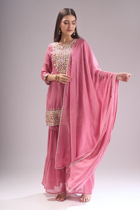 Samyukta Singhania Purple Chanderi Gota Patti, Lace Notched Neck Leaf Motif Kurta Sharara Set 